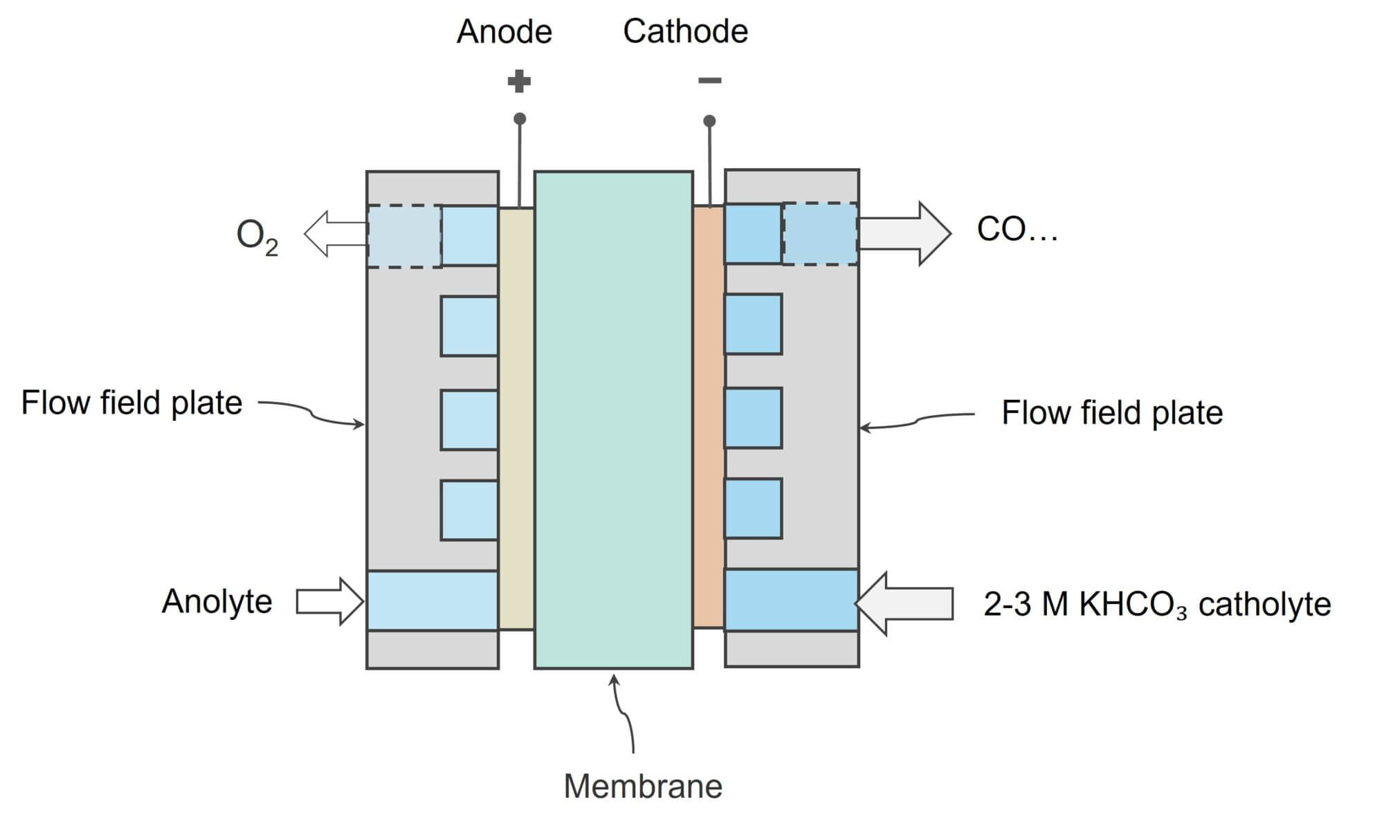 Cross-section diagram of a bicarbonate electrolyzer.